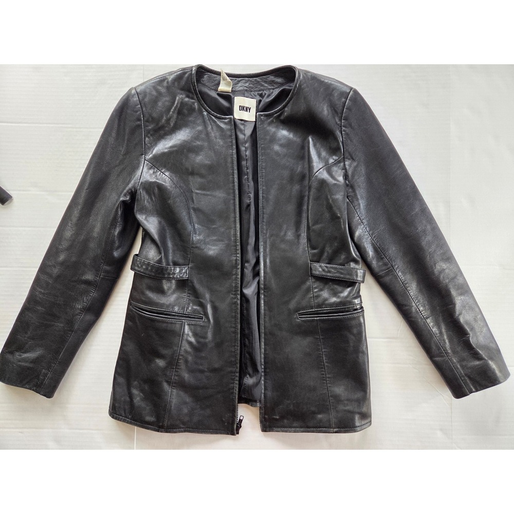 DKNY Leather Jacket Women Size M Black Collarless Zip Up Buckle Back Vintage
